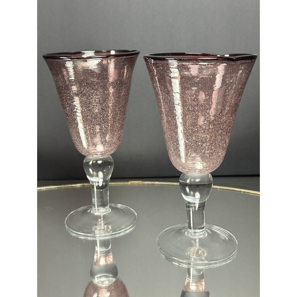 Set‎ of 2 Hand Blown Light Purple Mauve Seeded Bubble Wine Water Glass Goblet